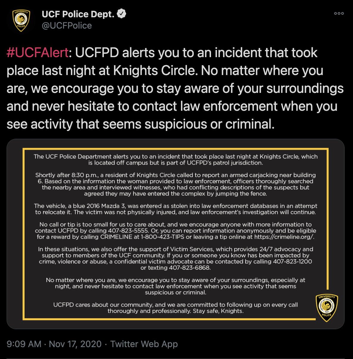 UCFPD responds to an armed carjacking incident Monday night at Knights Circle